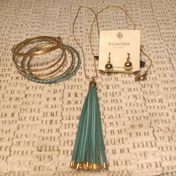 Pomina teal green tassel necklace set with teal blue gold tone bracelet stack - Picture 1 of 14